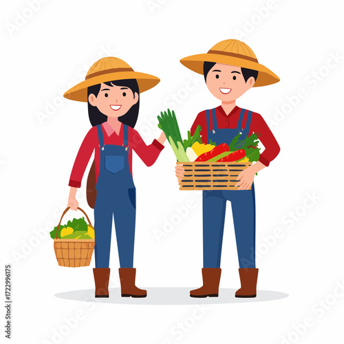 採れたて野菜のカゴを持つ農家の夫婦のベクターイラスト素材