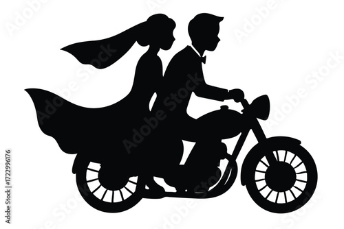 Newlywed Couple Silhouette on Classic Vintage Motorcycle,