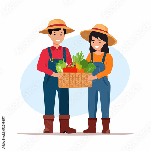 採れたて野菜のカゴを持つ農家の夫婦のベクターイラスト素材