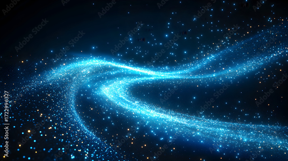 Obraz premium Blue Glowing Starry Stream of Light on a Dark Black Background with Radiant Shooting Stars Spreading Across the Night Sky, Abstract Cosmic Star Trail Banner Design Featuring Sparkling Dots and Shining