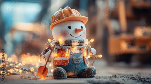 A cheerful snowman wearing a construction hat and overalls, surrounded by glowing fairy lights. The scene conveys a festive winter atmosphere.
