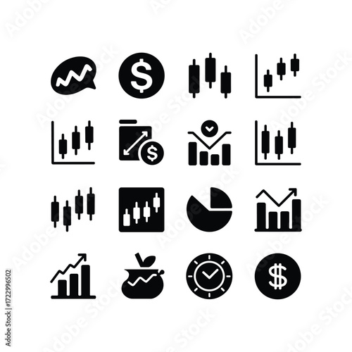 Financial icons set featuring trading charts candlesticks dollar signs and growth bars