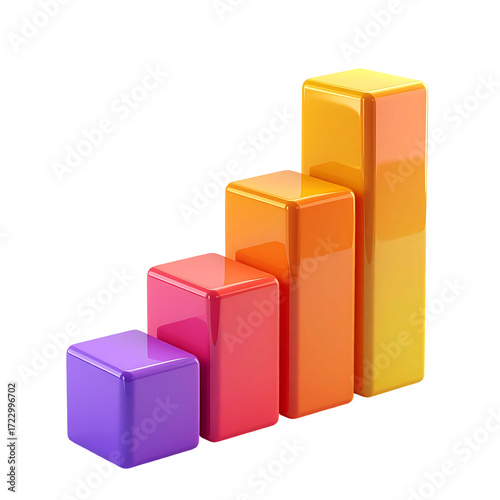Ascending colorful 3D bar graph, showcasing growth with vibrant hues from purple to yellow, demonstrating upward trend