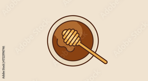 Honey dripping from wooden dipper in bowl on neutral background  