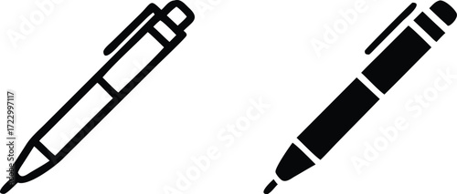 Vector art of two pen icons isolated on white background, one outlined and one solid black, showcasing different styles for writing, drawing, or office use in a minimalist and modern design