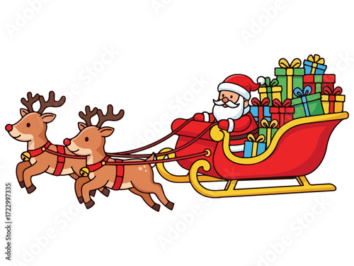 Christmas reindeer pulling Santa's sleigh full of gifts