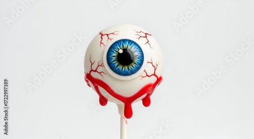 A terrifyingly delicious monster eyeball cake pop, a gory Halloween candy treat with bloody drips, isolated on a clean white background