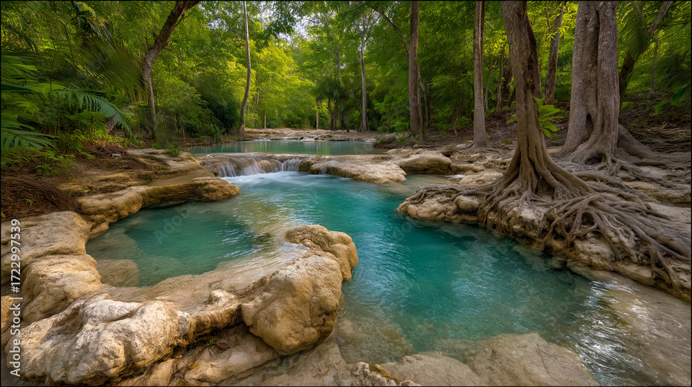 Naklejka premium Turquoise Water Cascading in Lush Green Forest Setting. Mock up promotion information for marketing announcements and details, blank white space.