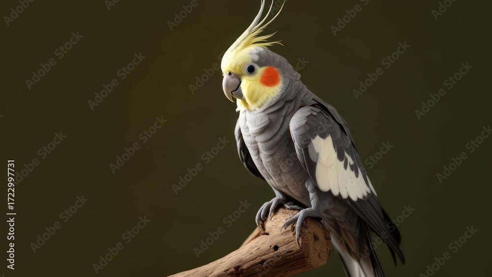Fototapeta premium Stunning cockatiel perched on a branch displaying its vibrant yellow crest and soft grey feathers in a natural setting
