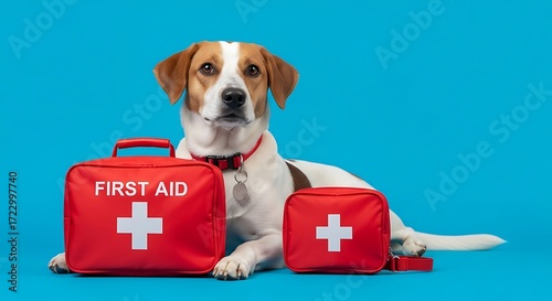 Dog with first aid kits on isolated vibrant blue backdrop illustration