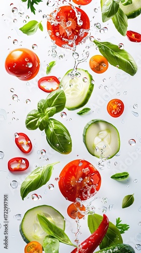 Vegetables in water splash tomatoes cucumbers basil