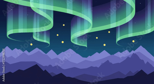 Vibrant aurora borealis illuminating a serene night sky over mountain peaks.
