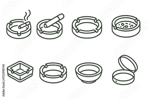 Variety of ashtray designs including cigarettes, round and square shapes, multiple states of use