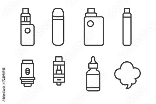 E-cigarette and vape icon set featuring different device designs and vape cloud
