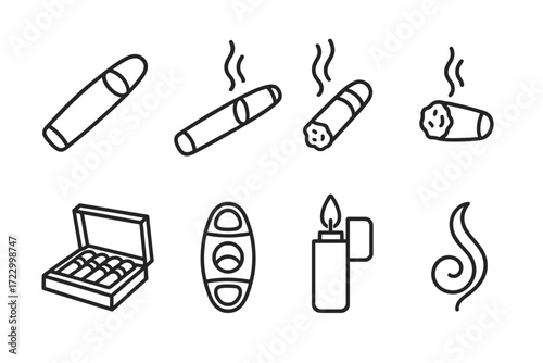 Cigars and accessories icons with cigar box, cutter, lighter, smoke symbols