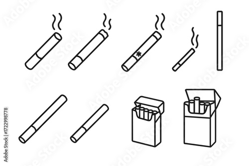 Cigarette icon set: smoking items and pack designs in line art style