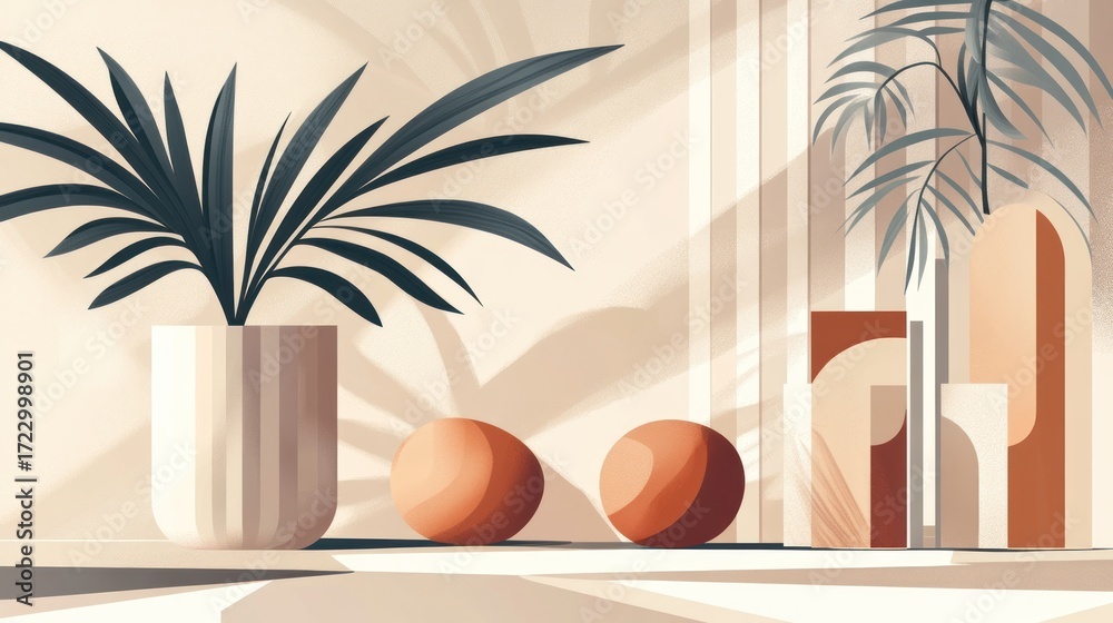 Obraz premium Elegant Interior Still Life with Plants Geometric Shapes and Soft Light