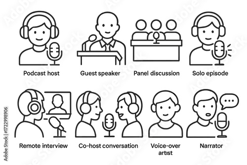 Podcast and broadcasting icons: hosts, interviews, and discussions