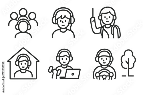 Stick figure icons of people in various activities with headphones