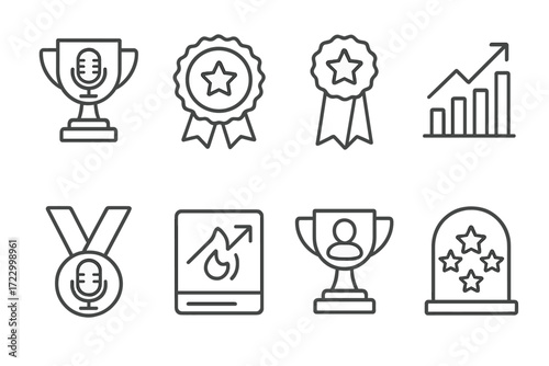 Awards and recognition icons: trophies, ribbons, medals, charts, stars