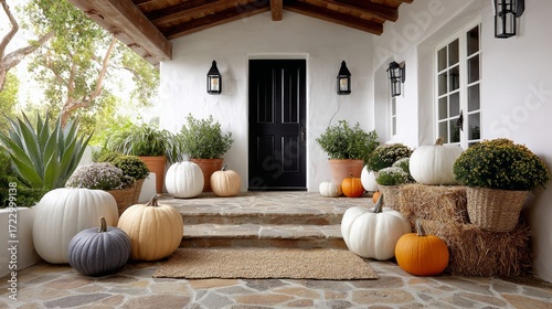 Fototapeta Naklejka Na Ścianę i Meble -  Cozy autumn porch decorated with various pumpkins and potted plants, featuring a welcoming entrance with stone steps and rustic wooden beams, creating a warm seasonal atmosphere for fall