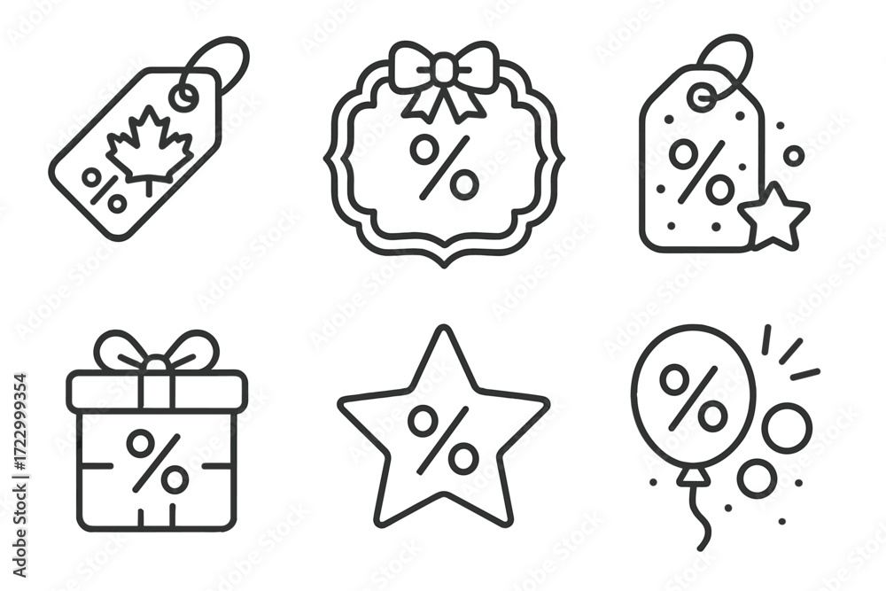 Fototapeta premium Discount symbol icons featuring maple leaf, bow, gift, star, and balloon designs