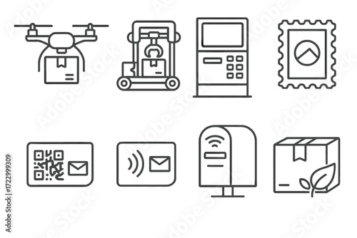 Mail and delivery icons: drone, conveyor, atm, stamp, qr, nfc, mailbox, box