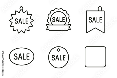 Black and white vector icons: various sale tags and badges for retail promotions