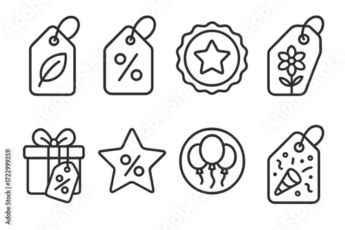 Icon set: tags, star, flower, gift, balloons for shopping and celebration