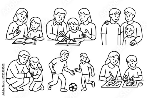 Family activities: parents engaging with children in educational and recreational moments