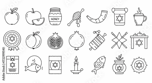 Symbols of Rosh Hashanah including apples, honey, and shofar