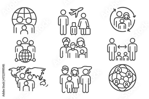 Global community icons representing travel, family, connectivity, and diversity