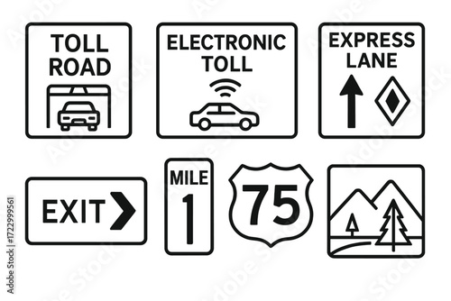 Highway traffic signs: toll road, electronic toll, express lane, exit, mile marker, interstate, scenic route