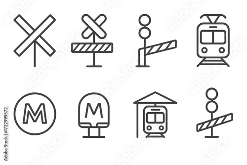 Set of train and metro line icons: railway signals, gates, trains, metro signs