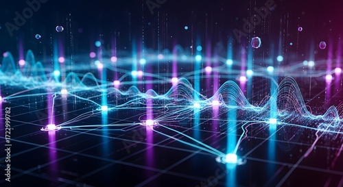 Abstract digital design of blue technology with a magic flash of light, particles, and glowing lines creating a fantasy space