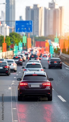 City highway traffic jam with stock market indicators
