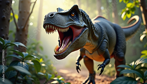 Dinosaur roaring while walking through a lush forest environment  