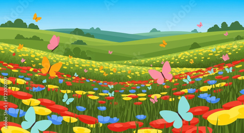 Vibrant Butterflies Fluttering Over a Colorful Meadow of Wildflowers.