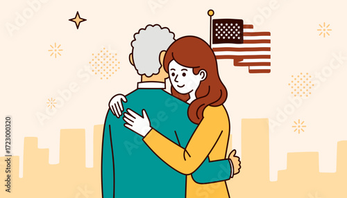 Woman hugging elderly veteran outdoors with American flag, Veteran's Day
