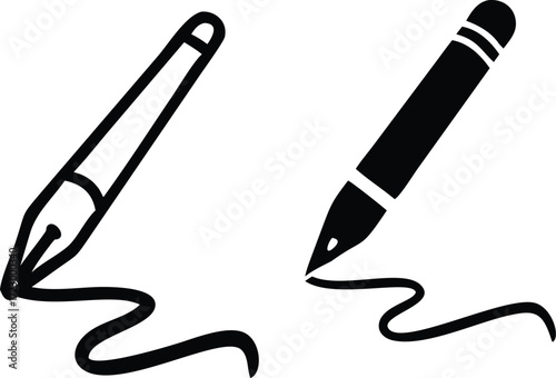 Illustration of two different pens, one with a fountain nib and the other with a marker tip, both drawing a wavy line, isolated on white background, perfect for writing or drawing concepts
