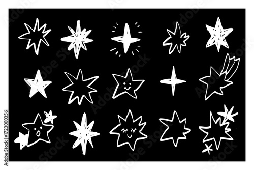 黒背景に白の手描き風の星アイコンイラストセット、かわいい表情や流れ星を含むシンプルでスケッチ風のモノクロデザイン素材