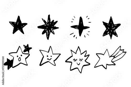 手描き風の星アイコンイラストセット、かわいい表情や流れ星を含むシンプルでスケッチ風のモノクロデザイン素材