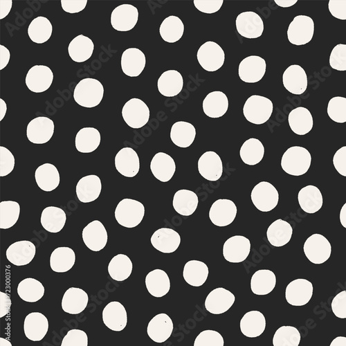 Polka dot, seamless pattern. Abstract endless texture, background, repeating print with circles, spots in random chaos, mess for modern fashion style textile, wrapping. Flat vector illustration.