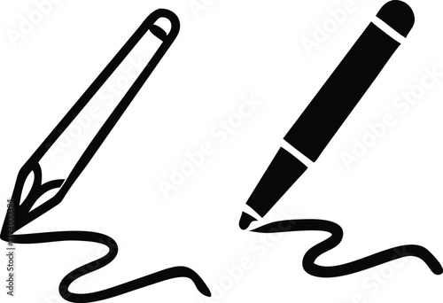 Illustration of two different pens, one with a fountain nib and the other with a marker tip, both drawing a wavy line, isolated on white background, perfect for writing or drawing concepts