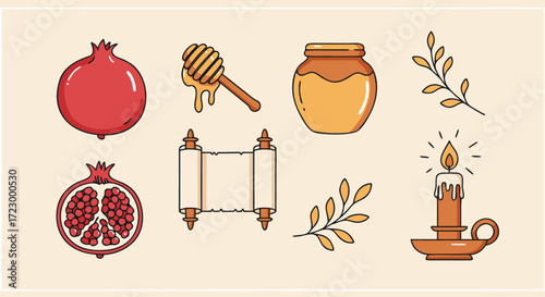 Pomegranate, honey, candle, and scroll arranged for Rosh Hashanah  