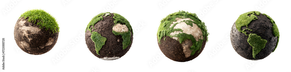Fototapeta premium Conceptual Earth Globes: Growing Moss & Environmental Awareness on White Background