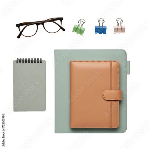 Glasses, notebook, planner, and binder clips isolated on transparent background