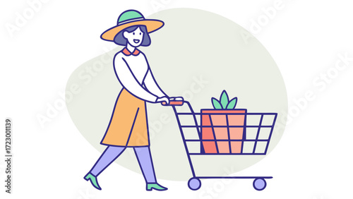 Vector illustration happy woman joyfully pushes a shopping cart overflowing with colorful groceries in a bright supermarket aisle on white background