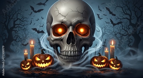 Spooky night background with pumpkins, bats, and a skull, celebrating the dark autumn holiday
