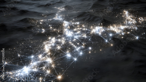 A surreal constellation map drawn with liquid silver and glowing threads